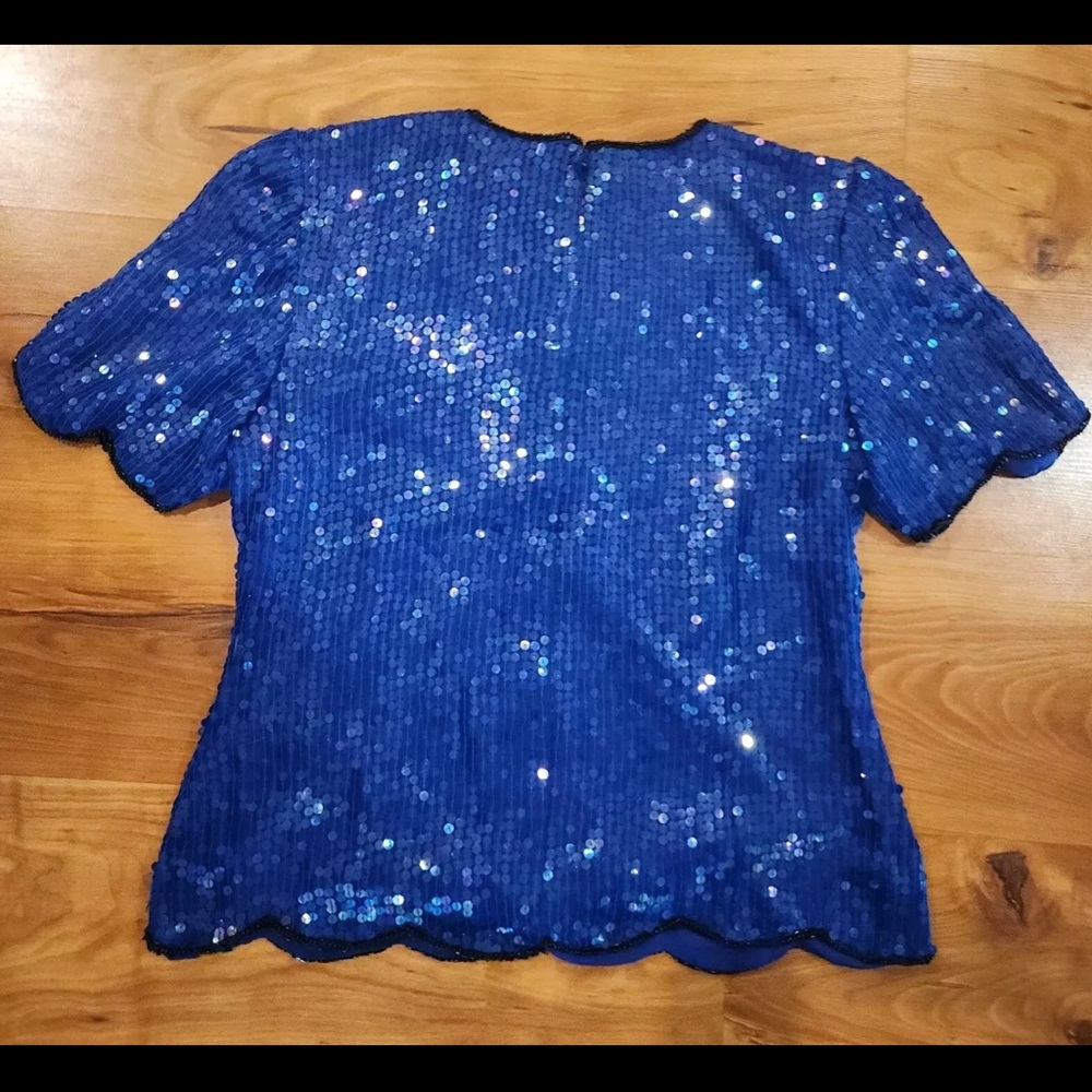 Stenay Vintage Blue and Black Beaded Sequined Short Sleeve Top Size L - Picture 5 of 5